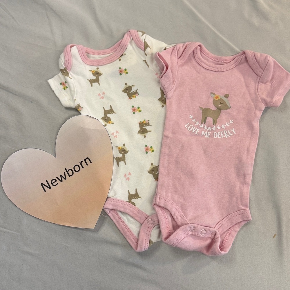 Koala Kids set of 2 Newborn Pink and White Bodysuits with Deer Design